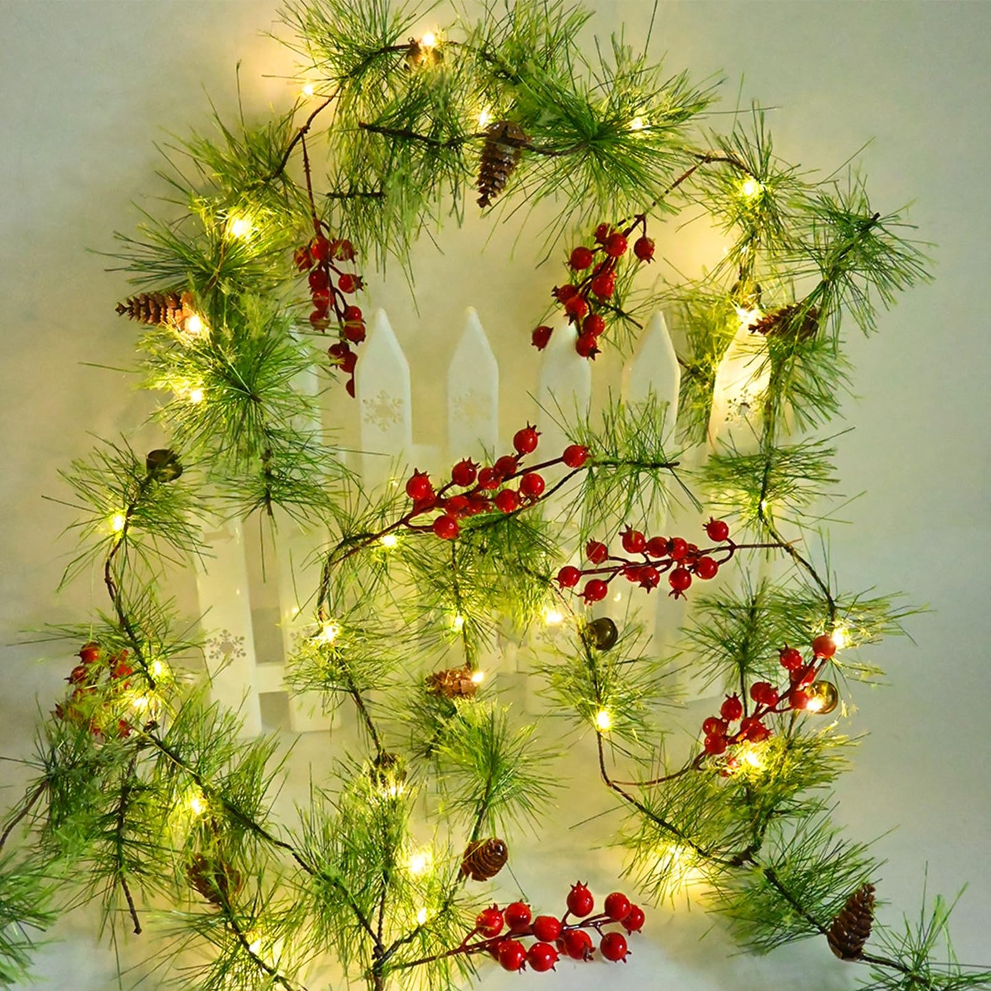 ChiRee Christmas Garland 6.56FT 30 LED Smokey Pine With Lights Battery Operated Pine Cone Red Berry Bells Green Decorations for Xmas Holiday Indoor Outdoor Home