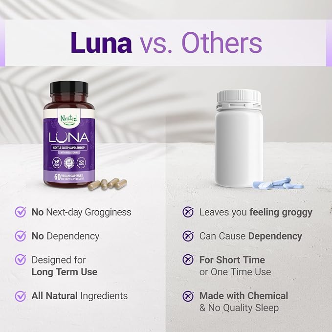 Luna Sleep Aid - Non-Habit Forming Natural Sleeping Pills for Adults with Naturally Sourced Ingredients - Valerian Root, Melatonin, Chamomile, Lemon Balm, and More - 60 Vegan Capsules
