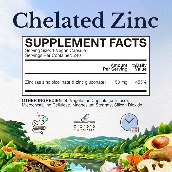 Vitalitown Zinc 50 mg, Zinc Picolinate, Zinc Gluconate, 240 Veggie Capsules, No Zinc Oxide, Well-Absorbed, Chelated Zinc Supplement, Immune System, Healthy Skin & Development, Vegan, Non-GMO