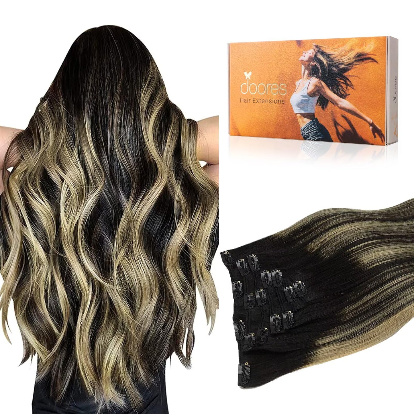Doores Human Hair Extensions Clip In Hair Extensions Balayage Natural Black To Light Blonde 20 Inch 120G 7Pcs Real Hair Extensio