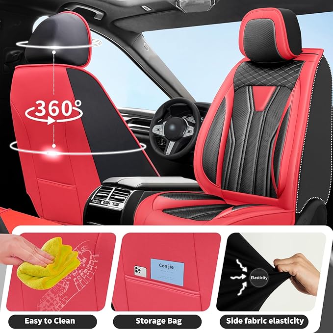 Fit Kicks Car Seat Covers， Compatible with Nissan Kicks 2018-2026 -Premium Leather, Waterproof Breathable All-Weather Seat Cushion Protector Airbag Compatible（2 Seats Front Pair，Red & Black