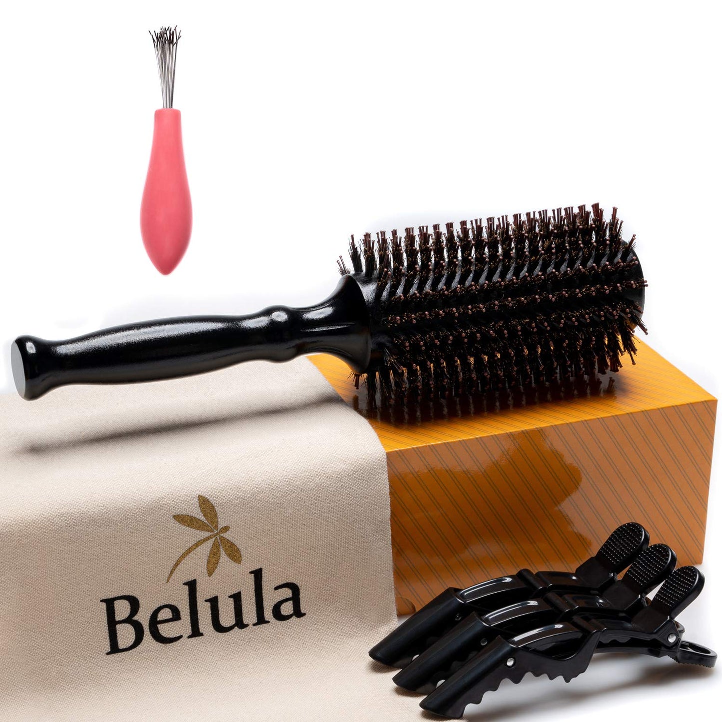 Belula Boar Bristle Round Brush for Blow Drying Set. Round Hair Brush With Large 2.7    Wooden Barrel. Hairbrush Ideal to Add Vo