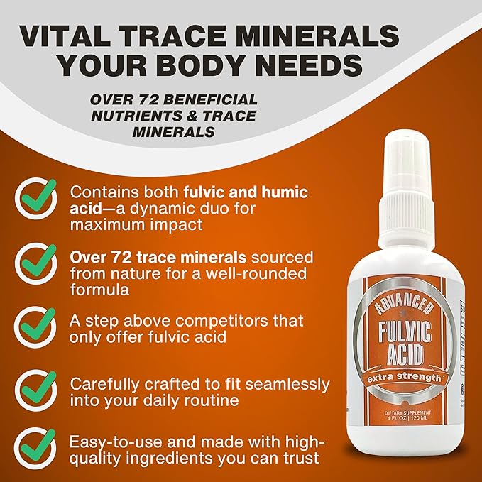 Advanced Fulvic Acid and Humic Acid Trace Mineral Liquid Spray Supplement. 70+ Ionic Organic Vital Minerals & Electrolytes, Similar Benefits of Shilajit & Drops (4 oz, 120 Servings)