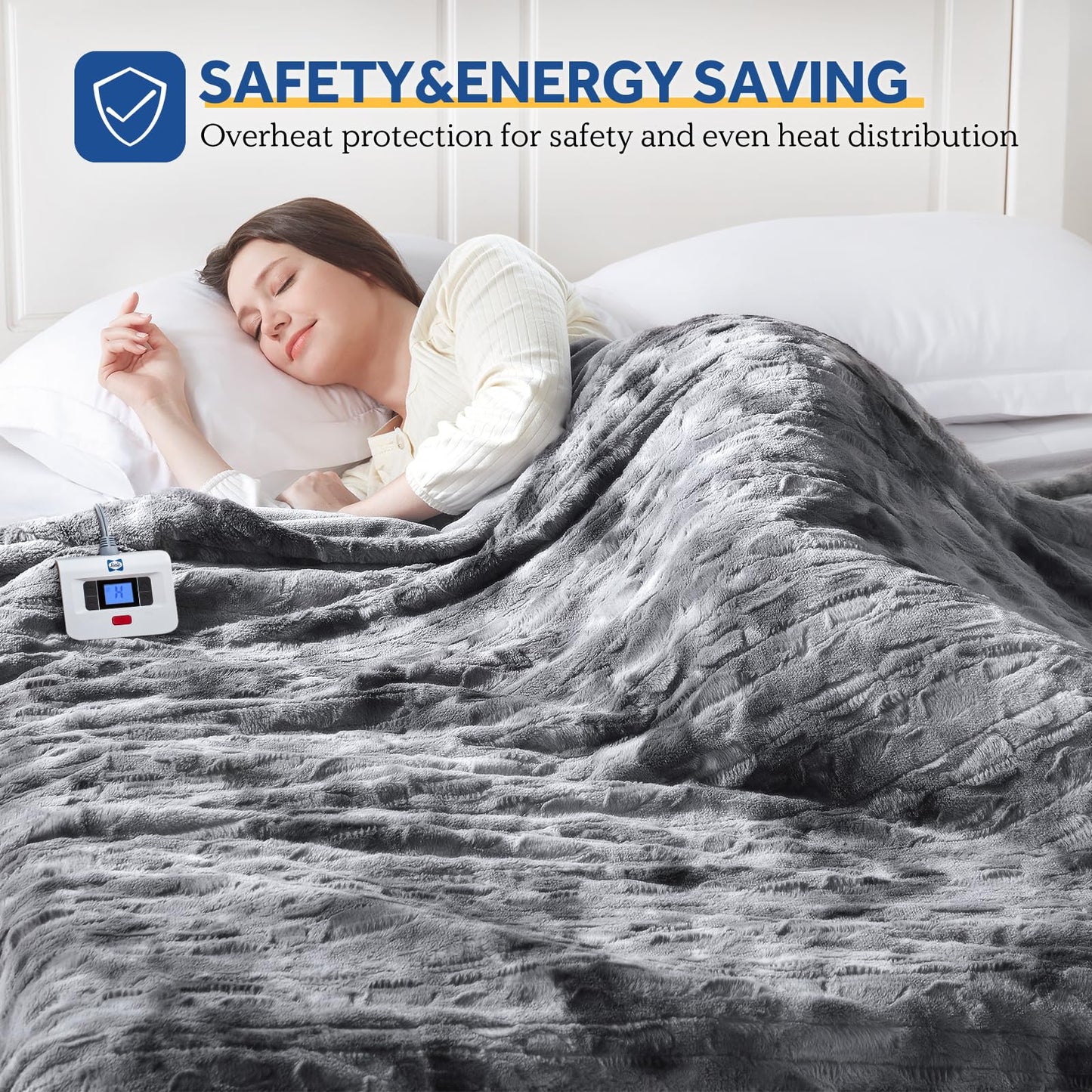 Sealy Electric Blanket Heated Throw, Faux Fur Heating Blanket with 6 Heat Settings & 2-10 Hours Auto Shut Off, Fast Heating & ETL Certification, 50x60 Inch, Grey