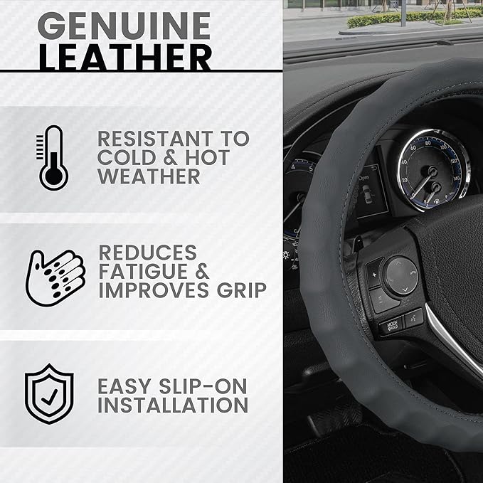 BDK Genuine Gray Leather Steering Wheel Cover for Car, Large 15.5-16 inch – Ergonomic Comfort Grip for Men & Women, Car Steering Wheel Cover for Vehicles with Large Steering Wheels