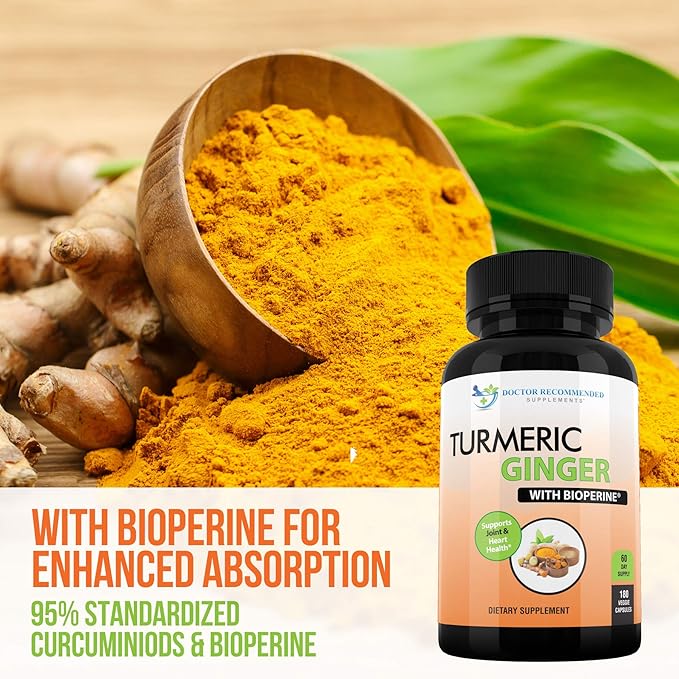 Turmeric Curcumin with Ginger, 95% Curcuminoids with BioPerine - 180 Veggie Capsules - Made in USA