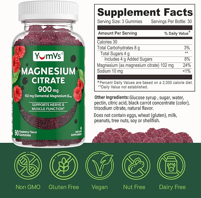 YUM-V'S Magnesium Citrate Gummies - 900mg Magnesium (102mg of Elemental Magnesium) - Highly Absorbable Supports Nerve, Enzyme & Muscle Function for Adults - 90 Count (Pack of 2)