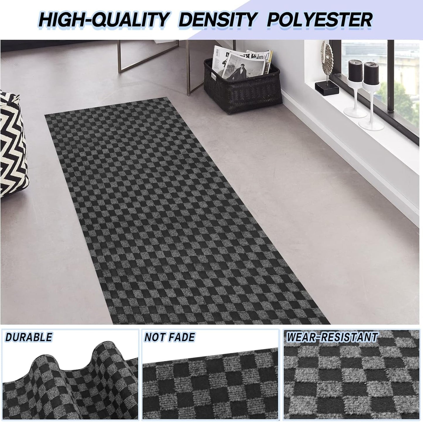 Custom Size Backed Non-Slip Area Rugs Runner, Easy Clean, Waterproof Runner Rugs for Hallway Entryway, Kitchen, Laundry, 4FT x 25FT, Gray Checkered