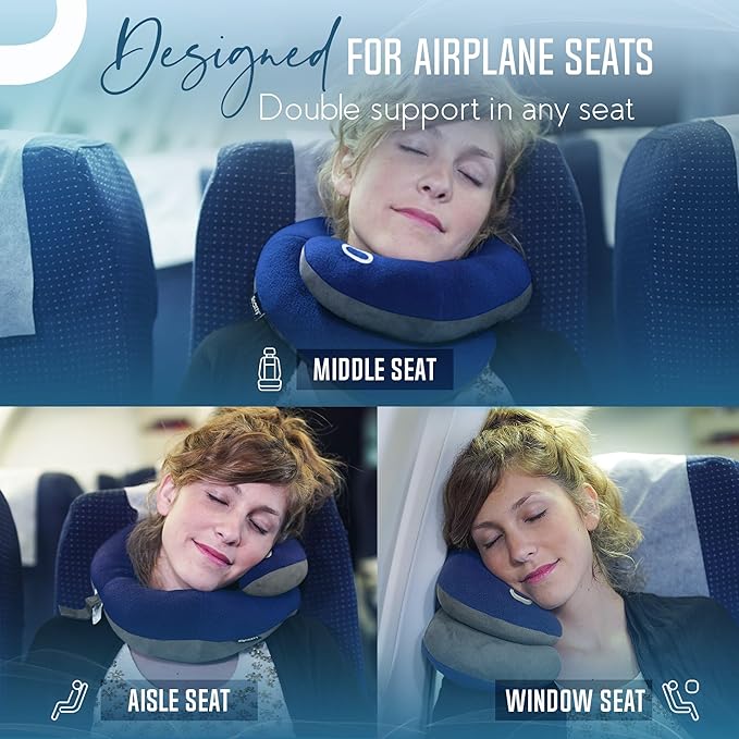 BCOZZY Organic Cotton Double Support Neck Pillow for Travel - 3 Ergonomic Positions for Head, Neck, and Chin Comfort - Ideal for Sleeping Upright on Flights, Cars, and at Home – X-Large, Navy