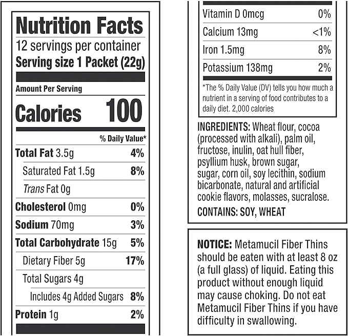Metamucil Fiber Thins, Psyllium Husk Fiber Supplement, Digestive Health Support and Satisfy Hunger, Chocolate Flavored, 12 Servings
