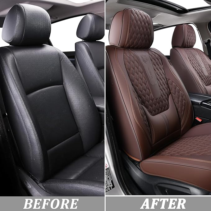 Coverado Front Seat Covers, Car Seat Covers Front Seats, Nappa Leather Seat Covers for Cars, Waterproof Seat Covers with Lumbar Support Universal Fit for Most Cars SUV Trucks (Front, Coffee)