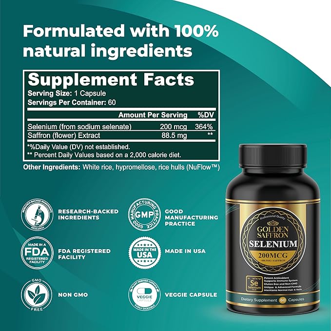 Golden Saffron Selenium (200mcg Selenium & 88.5 mg Saffron Extract) - to Support Overall Health, Non-GMO, Gluten Free, Dairy Free, with Unique and Advanced Formula – Made in USA & Tasteless.