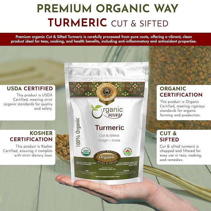 Organic Way Turmeric/Haldi Root Cut & Sifted (Curcuma longa) - Herbal Tea | Kosher & USDA Certified | Vegan, Non-GMO & Gluten Free | Tested for Heavy Metal and Purity | 100% Raw from India (1LBS / 16Oz.)