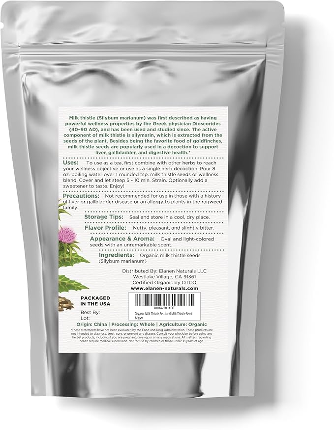 Organic Milk Thistle Seeds 4 oz. (113g), USDA Certified Organic Semillas de Mariano, Silybum marianum, Bulk Dried Natural Milk Thistle Seed, Whole