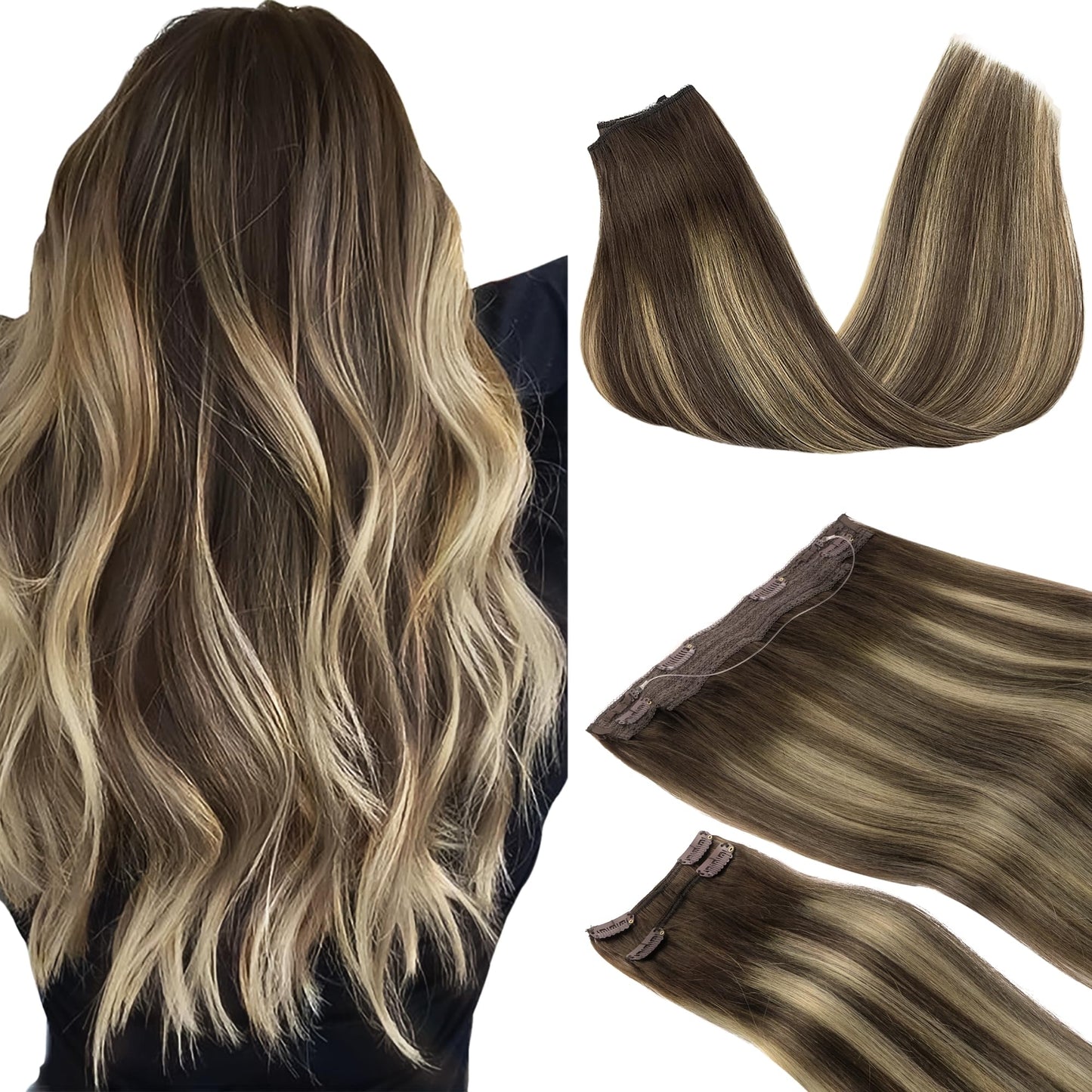 Goo Goo Wire Hair Extensions Human Hair, 4/26/4 Chocolate Brown With Honey Blonde Balayage 14Inch 105G, Invisible Wire Hair Exte