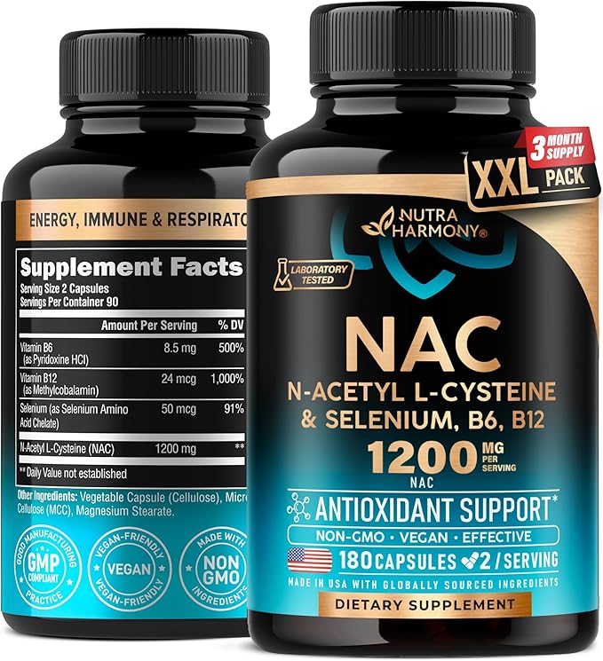 NAC Supplement | Selenium | B6 | B12 - Antioxidant, Immune Support - N Acetyl Cysteine 600 mg per Capsule, 1200 mg per Serving - Made in USA - Non-GMO, Gluten-Free, Vegan - 180 Caps, 3 Month Supply