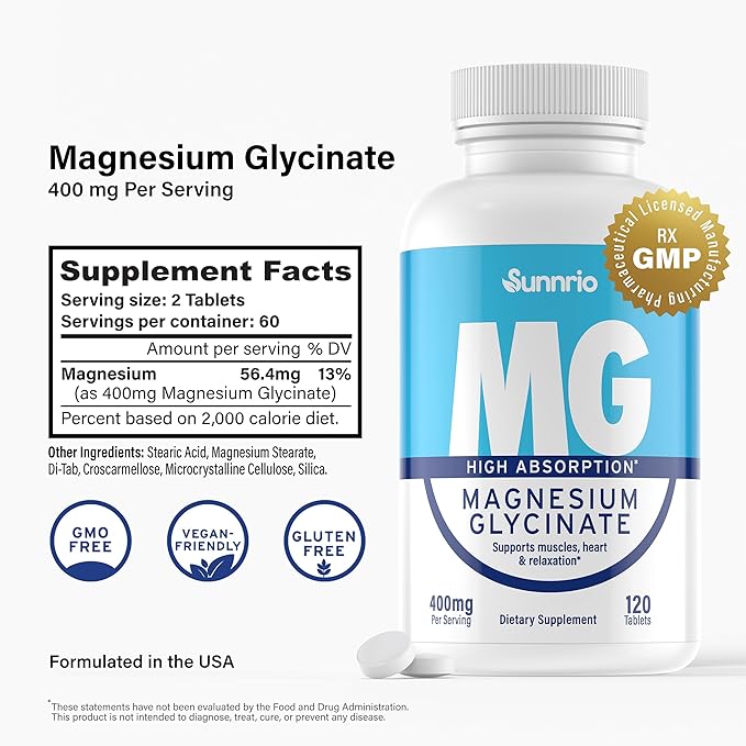 Magnesium Glycinate Supplement - 400mg per Serving - High Absorption, Supports Muscle, Heart Health, Sleep, and Relaxation* - Non-GMO, Gluten-Free, Vegan-Friendly - 120 Tablets