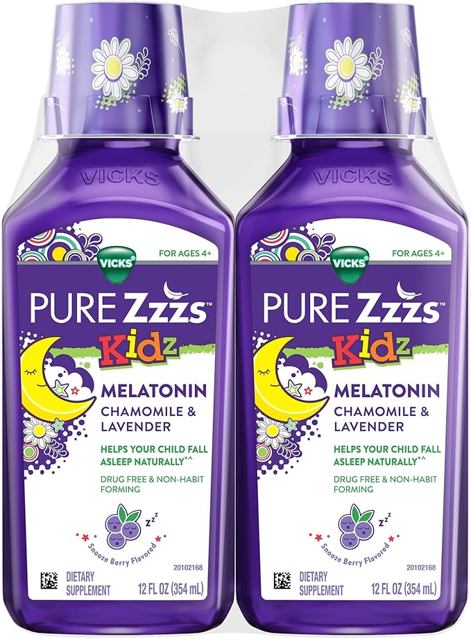 Vicks Pure Zzzs Kidz Melatonin, Kids Melatonin Liquid, Sleep Aid, Drug-Free, Liquid Melatonin 1mg, with Chamomile & Lavender, Melatonin Sleep Aids for Kids, Snooze Berry Flavored, 2 Pack, 24 FL OZ
