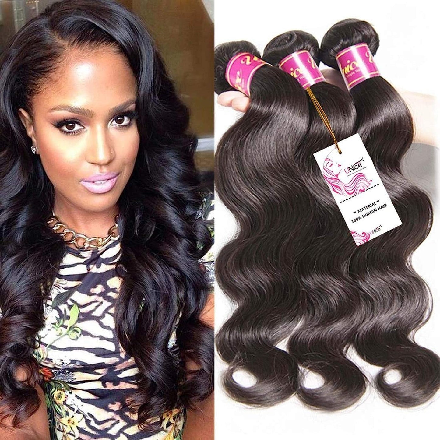 Unice Hair Brazilian Virgin Human Hair Weave Bundles 3Pcs Body Wave Weft Extensions Natural Color 12 14 16 Inch