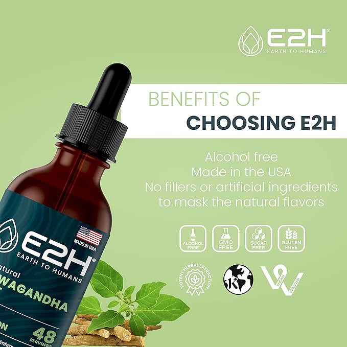 E2H Ashwagandha Liquid Drops - All-Natural Ashwagandha Supplement for Stress Relief and Mood Enhancer- Organic Ashwagandha Root Extract Effective Cortisol Manager | Non-GMO, Vegan (2 Bottles)