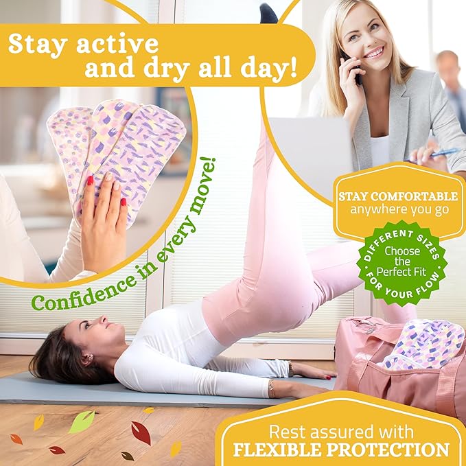 Non-Slip Organic Reusable Period Pads for Heavy Flow & Incontinence (L+XL, 6-Pack); High-Temp Cotton Washable Cloth Pads for Women; Non-Irritating, Soft Reusable Pad Menstrual for Comfortable Care