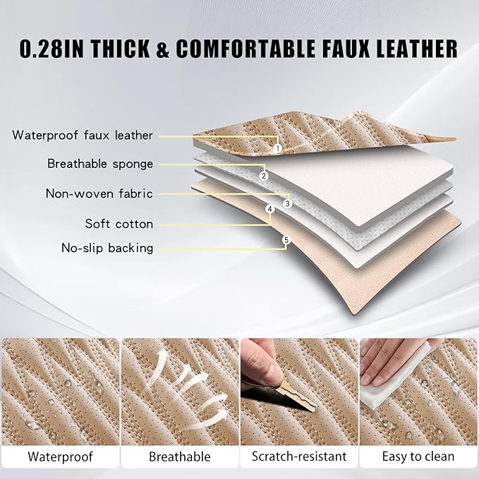 WELLDO Car Seat Covers Full Set, Leather Seat Covers for Car, Waterproof Car Seat Protector with Lumbar Support, Automotive Seat Covers Universal Fit for Most Cars SUV Truck,Beige