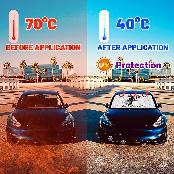 CHILL·TEK Funny Animals Car Windshield Sun Shade Umbrella, Heifer Cow Car Foldable Umbrella Sunshade for Front Window UV Reflector Umbrella Sun Protection Auto Windshield Umbrella Sun Shades Cover