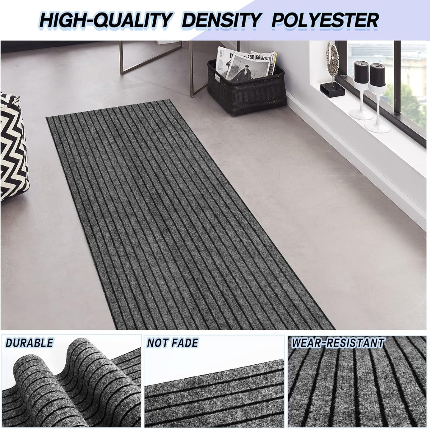 Custom Size Backed Non-Slip Area Rugs Runner, Easy Clean, Waterproof Runner Rugs for Hallway Entryway, Kitchen, Laundry, 3FT x 73FT, Gray Stripe