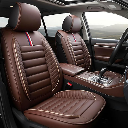 OASIS AUTO Car Seat Covers Front Seats Premium Waterproof Faux Leather Cushion Universal Accessories Fit SUV Truck Sedan Automotive Vehicle Auto Interior Protector (OS-001 Brown)