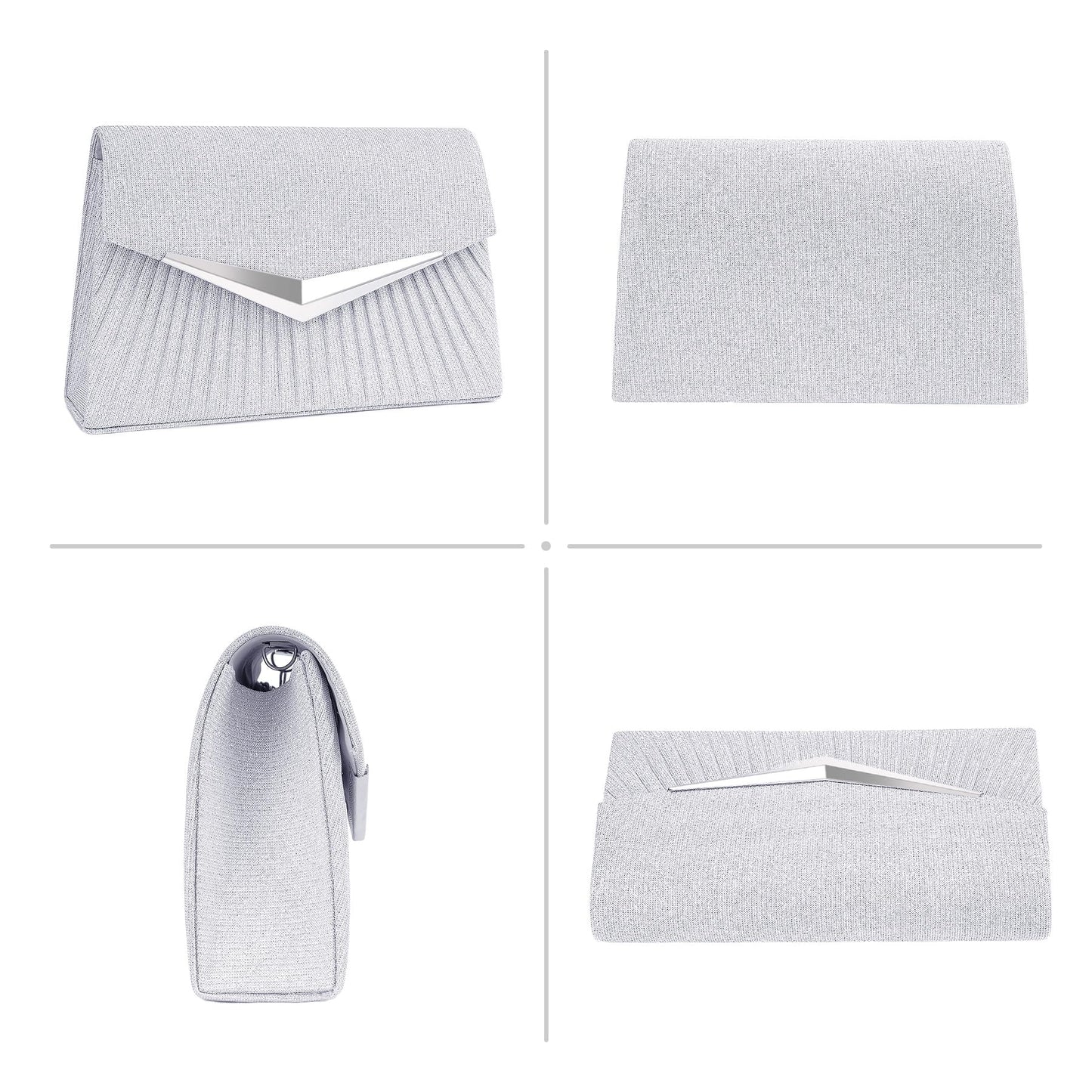 Larcenciel Women's Evening Handbags, Sparkly Pleated Silver Evening Purse with Metal Chain, Elegant Sequins Clutch Purses For Wedding Guest Formal Cocktail Prom Party Disco Club, 8.3x2.1x5.3inches
