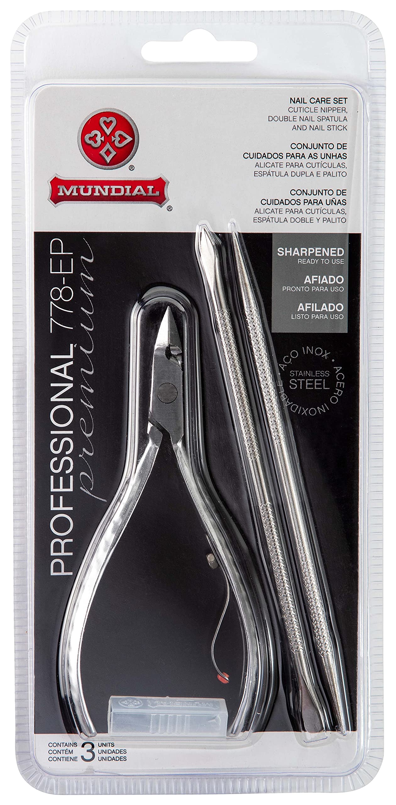 Mundial Nail Care 3 Piece Set - Professional Stainless Steel Cuticle Nippers with Double Nail Spatula and Pusher, Manicure, and