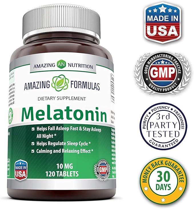 Amazing Formulas Melatonin 10mg Tablets Supplement | Helps Regulate Sleep Cycle | Non GMO | Gluten Free | Made in USA (120 Count | 3 Pack)