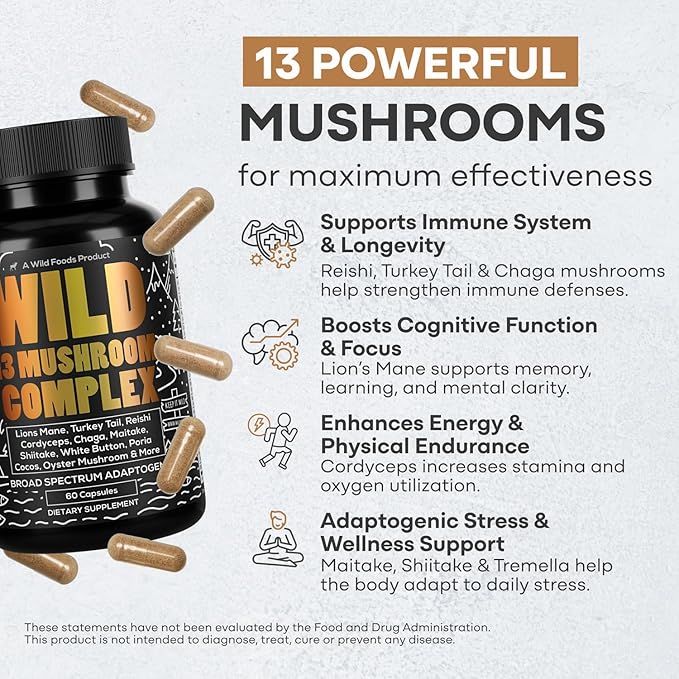 Wild Foods Premium Mushroom Supplement Complex | Mushroom Extract 13 Organic Mushrooms: Lions Mane, Turkey Tail, Reishi & More Adaptogenic Mushrooms for Energy, Brain & Immune Health (Pack of 2)