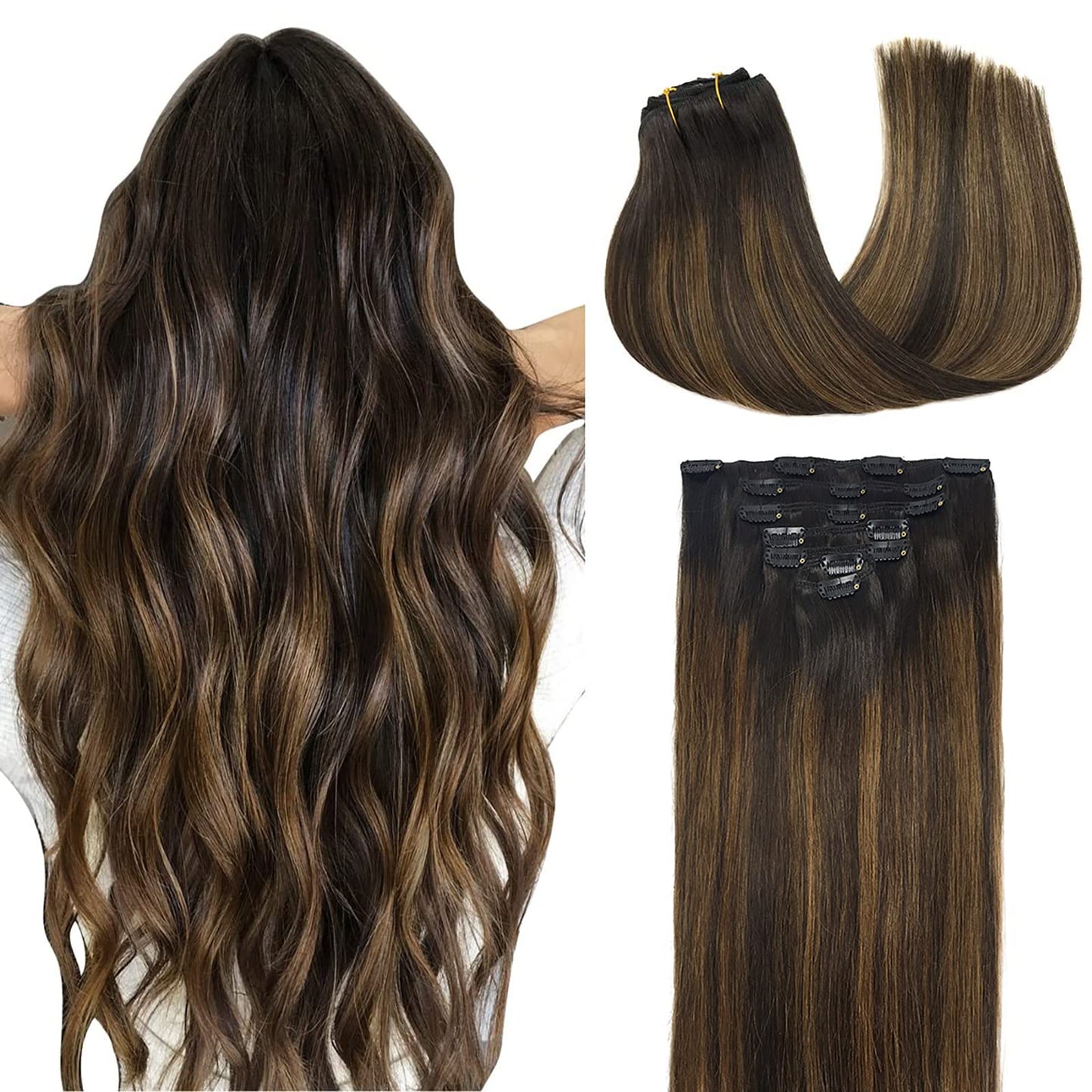 Doores Remy Human Hair Extensions Clip In Balayage Dark Brown To Chestnut Brown Real Clip In Hair Extensions Straight 120G Thick