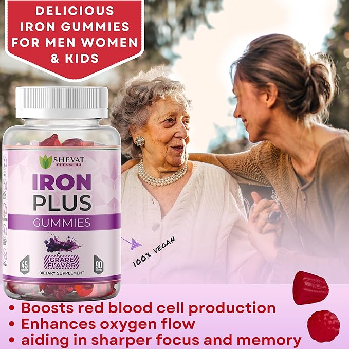 Made in USA 90 Iron Gummies For Women Anemia - Vegan, Gluten Free & Immune Support Iron Supplement Gummies (Grape) - Chewable Iron Gummies for Men - Kids iron Gummies for Kids with Vitamin C, A & Zinc