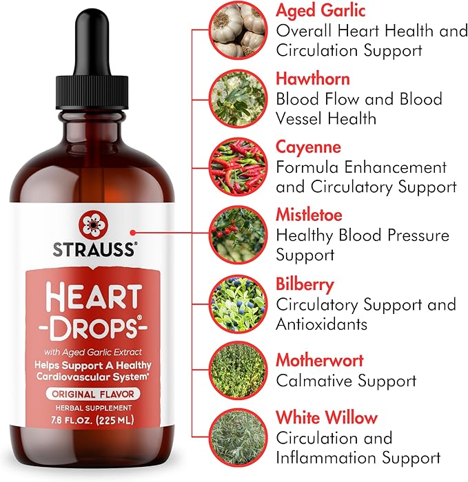 Strauss Naturals Heart Drops – Natural Mistletoe & Aged Garlic Extract Heart Health Supplement – Helps Maintain Healthy Cardiovascular System – Vegan & Non-GMO – Cinnamon Flavored – 225 ml Bottle