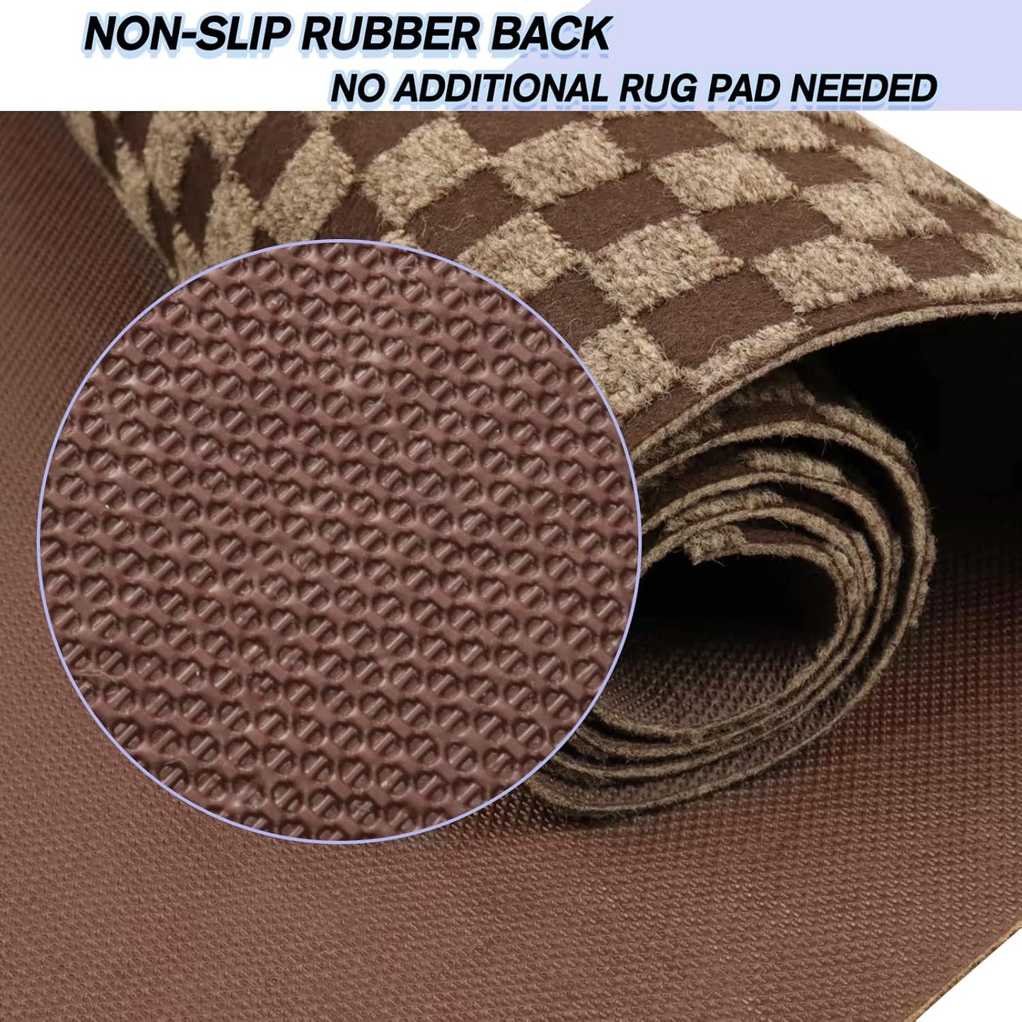 Custom Size Backed Non-Slip Area Rugs Runner, Easy Clean, Waterproof Runner Rugs for Hallway Entryway, Kitchen, Laundry, 2FT x 81FT, Brown Checkered