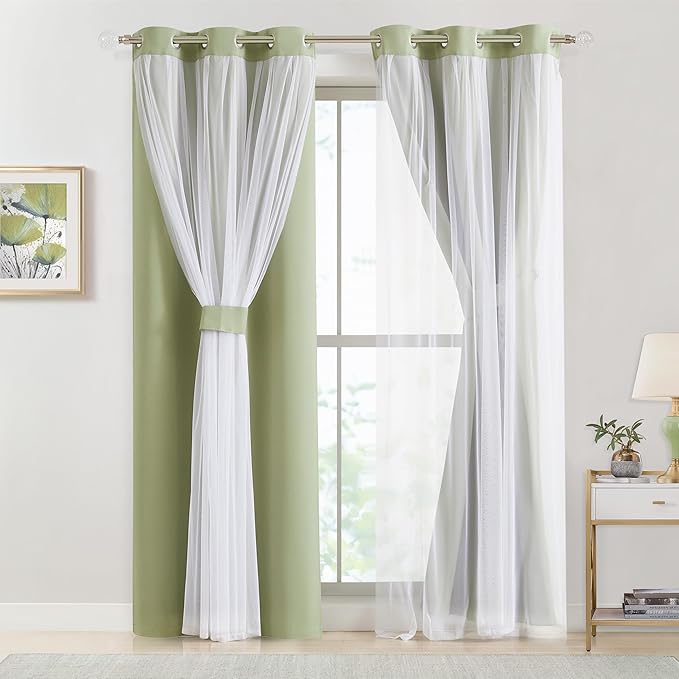 Bujasso Sage Green Blackout Curtains with Sheer Overlay Mix and Match Double Layer Thermal Insulated Window Panels 102 inch for Living Room Bedroom Green Drapes with Tiebacks Grommet Top 54"Wx102"Lx2