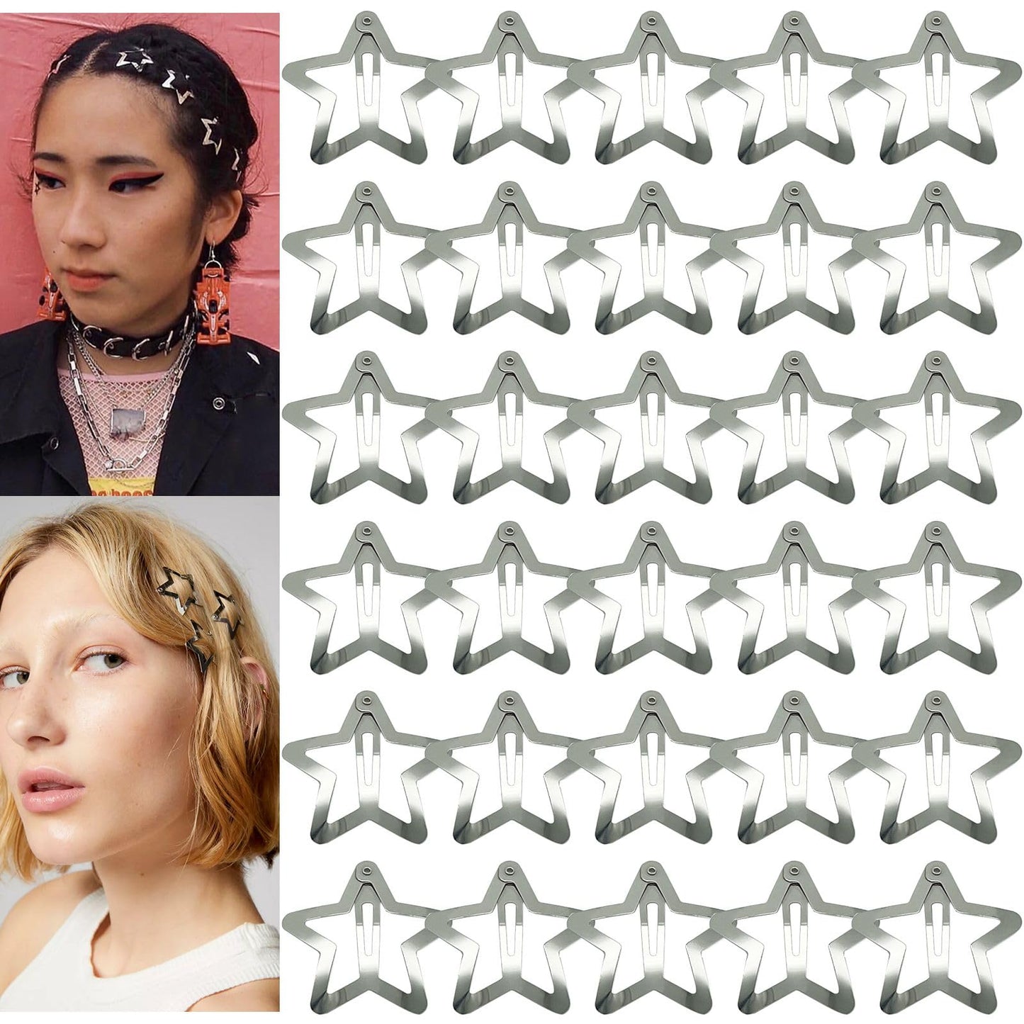 Gketn 30 Pcs 1.22'' Star Hair Clips Snap Hair Barrettes Non Slip Star Hair Accessories For Girls Women 2000S Y2K Silver Metal Ha