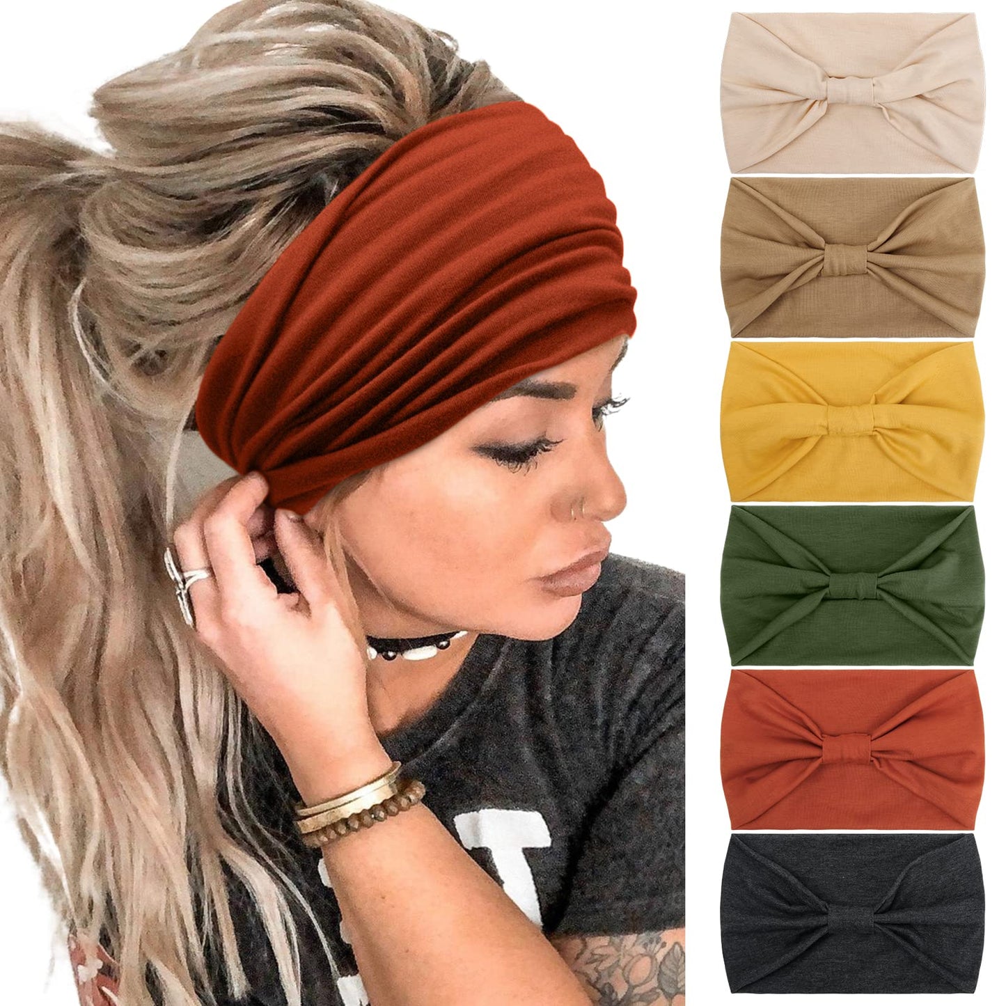 Tobeffect Wide Headbands For Women Wide Knotted Hairbands Turbans Non Slip Boho Head Wraps Hair Accessories For Girls Solid Colo