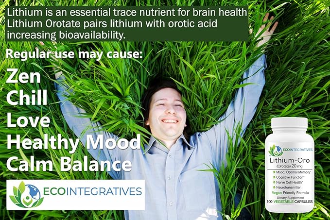 Lithium Oro 20 mg, Supports Healthy Mood Emotional Wellness, Behavior, and Memory. Bioavailable, 100 Caps (Elemental Lithium Orotate)