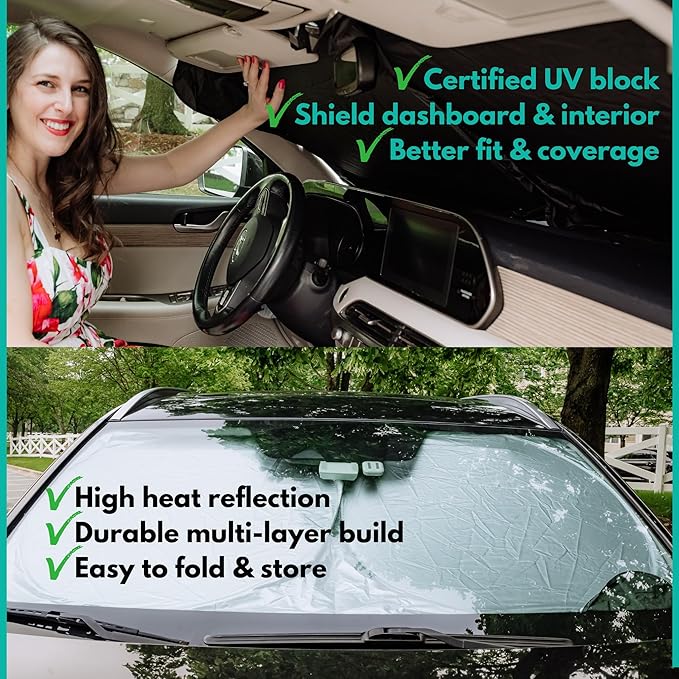 Windshield Sun Shade -Certified 99.87% UVB & 99.02% UVA Car Sun Shade. Award Winning Sunshade - Patented Technology | Compatible for Subaru Crosstrek (2013-2017) | Car Shades by Kinder Fluff
