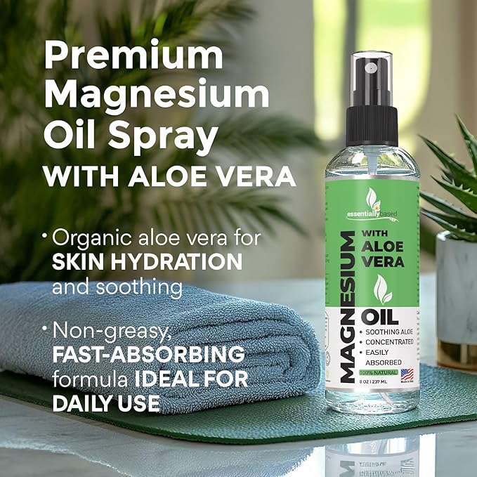 Pure Magnesium Oil Spray with Aloe Vera 8oz - Topical Magnesium Spray - Less Itchy - 100% Organic Oil - Made in USA