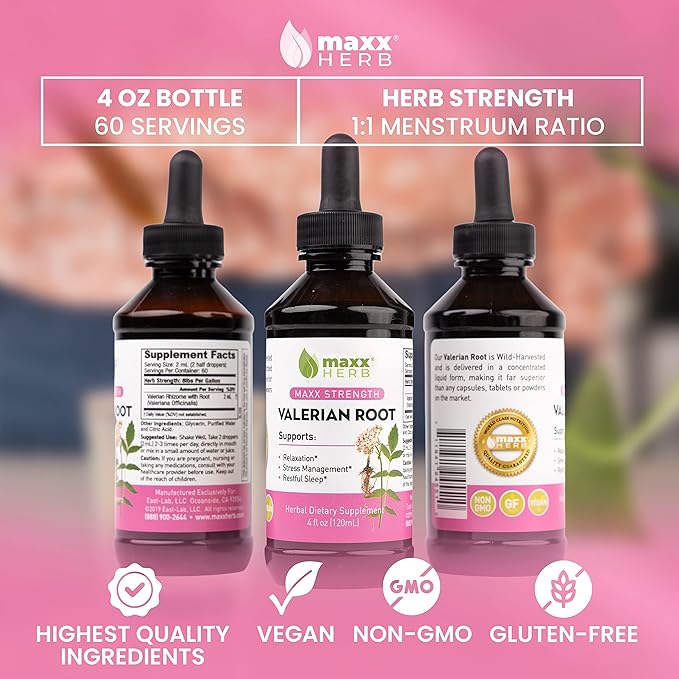 Maxx Herb Valerian Root Extract - Max Strength, Liquid Valerian Root Absorbs Better Than Capsules, for Relaxation and Restful Sleep, Alcohol-Free - 4 Oz Bottle (60 Servings)