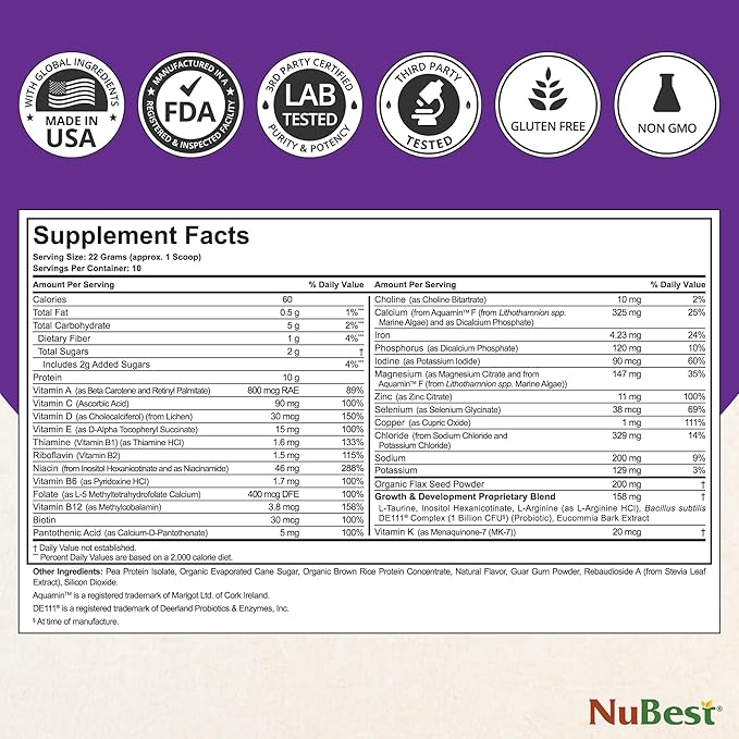 NuBest Tall Protein Powder for Kids & Teens - Vegan Vanilla Protein Powder Shake with Organic Red Algae Calcium, Probiotics, Omega 3-6-9, Vitamin D3 + K2 & Magnesium from Marine Algae - Pack 4