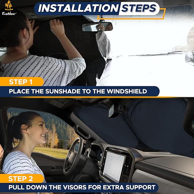 EcoNour Truck Windshield Sun Shade with Storage Pouch | Reflective 240T Material Sun Shield for UV & Heat Protection | Foldable Windshield Cover | Must-Have Truck Accessories | X-Large (69"x35")