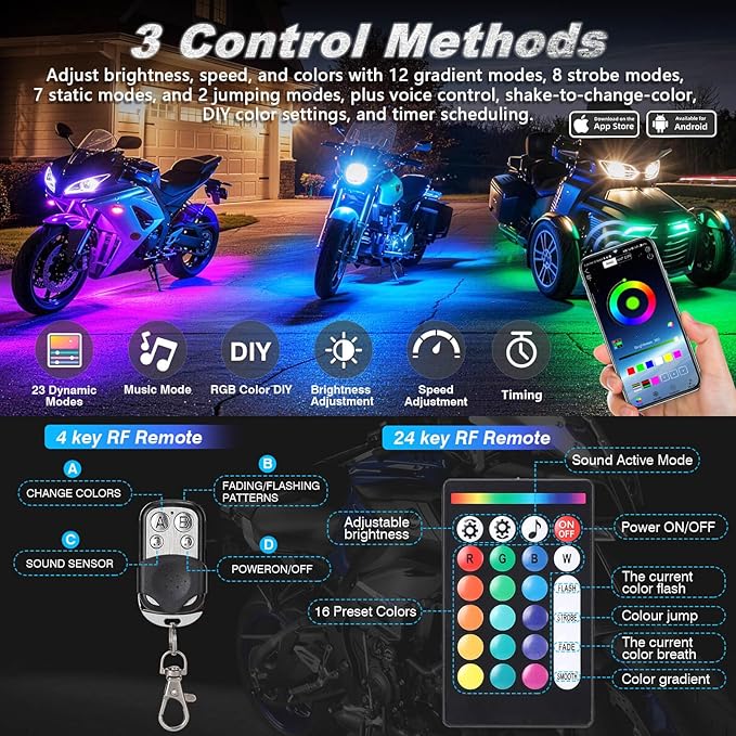 16PCS Motorcycle RGB LED Light Kit with Handlebar Switch Brake Turn Signal, Multicolor Underglow Lights with APP/RF Remote, Neon Strips Accent 12V Waterproof for Cruiser,Touring & Adventure Motorcycle