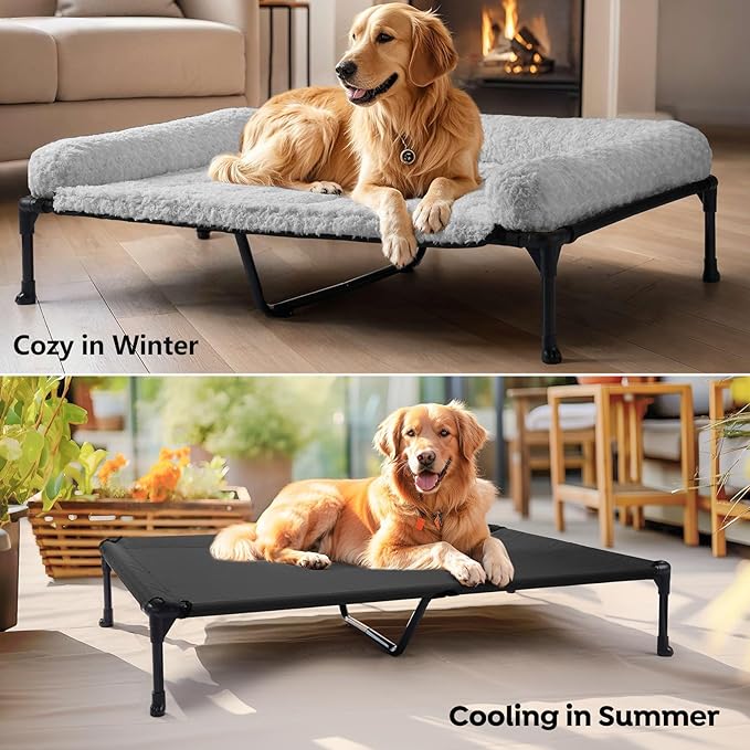 Veehoo Cooling Elevated Dog Bed Add Removable Deluxe Rose Plush Bolster Cushion Mat, 47" x 29" Washable Dog Couch Bed, Raised Pet Cot with Breathable Teslin Mesh, No-Slip Feet, Grey, CWC2439B