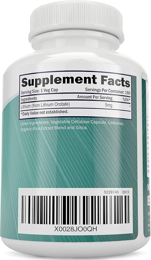 Lithium Orotate 5mg, 180 Vegetarian Lithium Capsules, Supplement Lithium Orotate 5mg, 180 Vegetarian Lithium Capsules, Helps Maintain Healthy Mood, Behavior Memory and Wellness