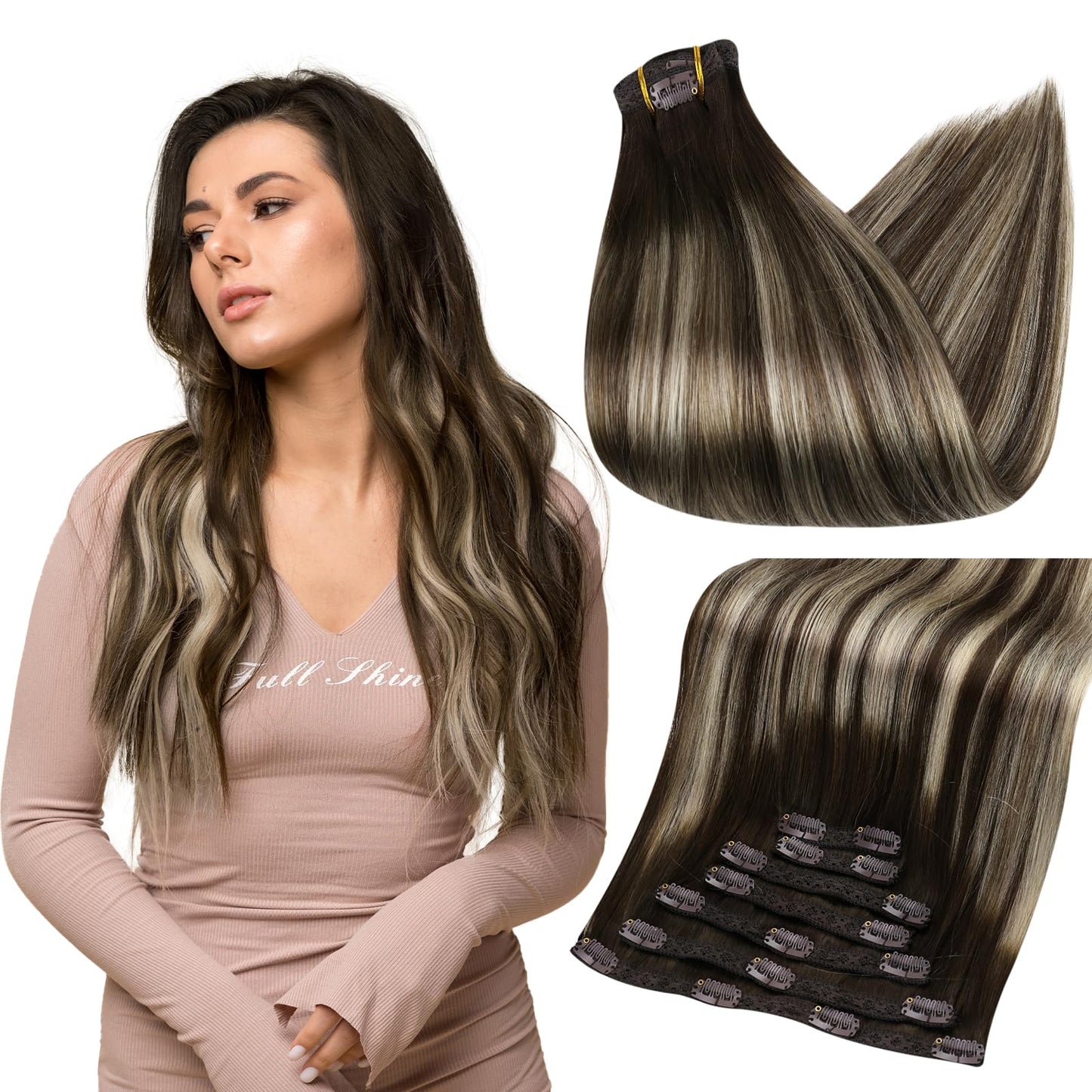 Full Shine Hair Extensions For Short Human Hair Clip In Extensions 12 Inch Dark Brown With Platinum Blonde Clip In Hair Extensio